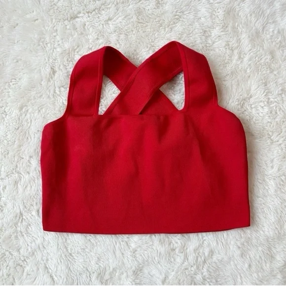 H&M Women Red Ribbed Cross Back Crop Top LARGE Preppy Bodycon Contemporary - Picture 3 of 8